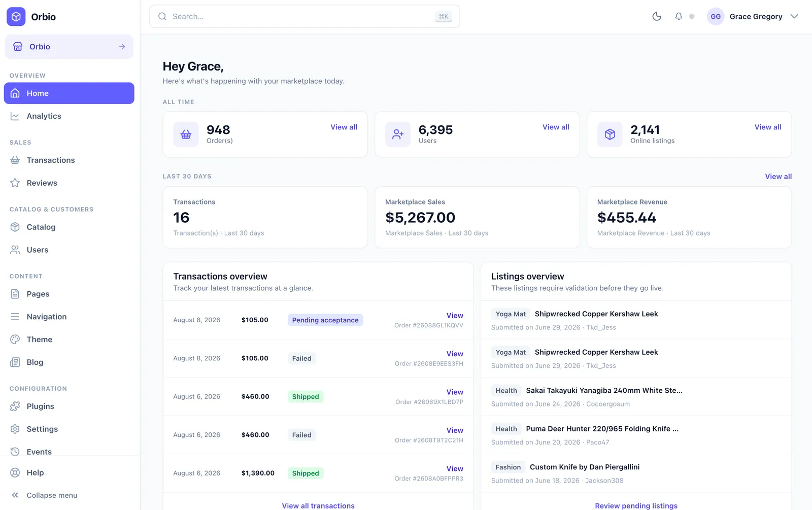 The Kreezalid admin panel, showing orders and payouts