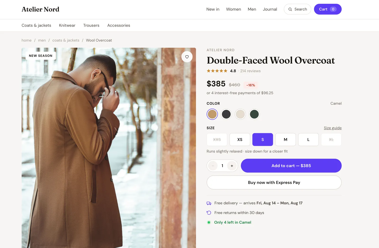 A real product page — variants, stock and checkout, generated from your setup.