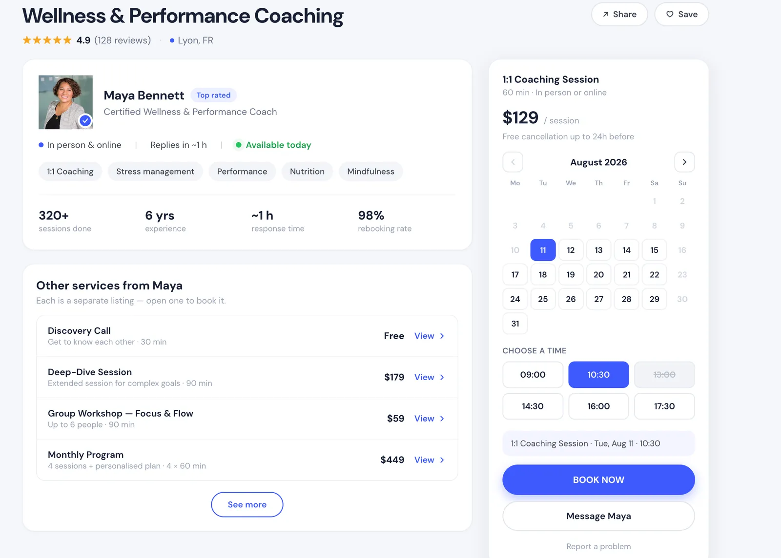A real service listing — profile, availability and booking, generated from your setup.